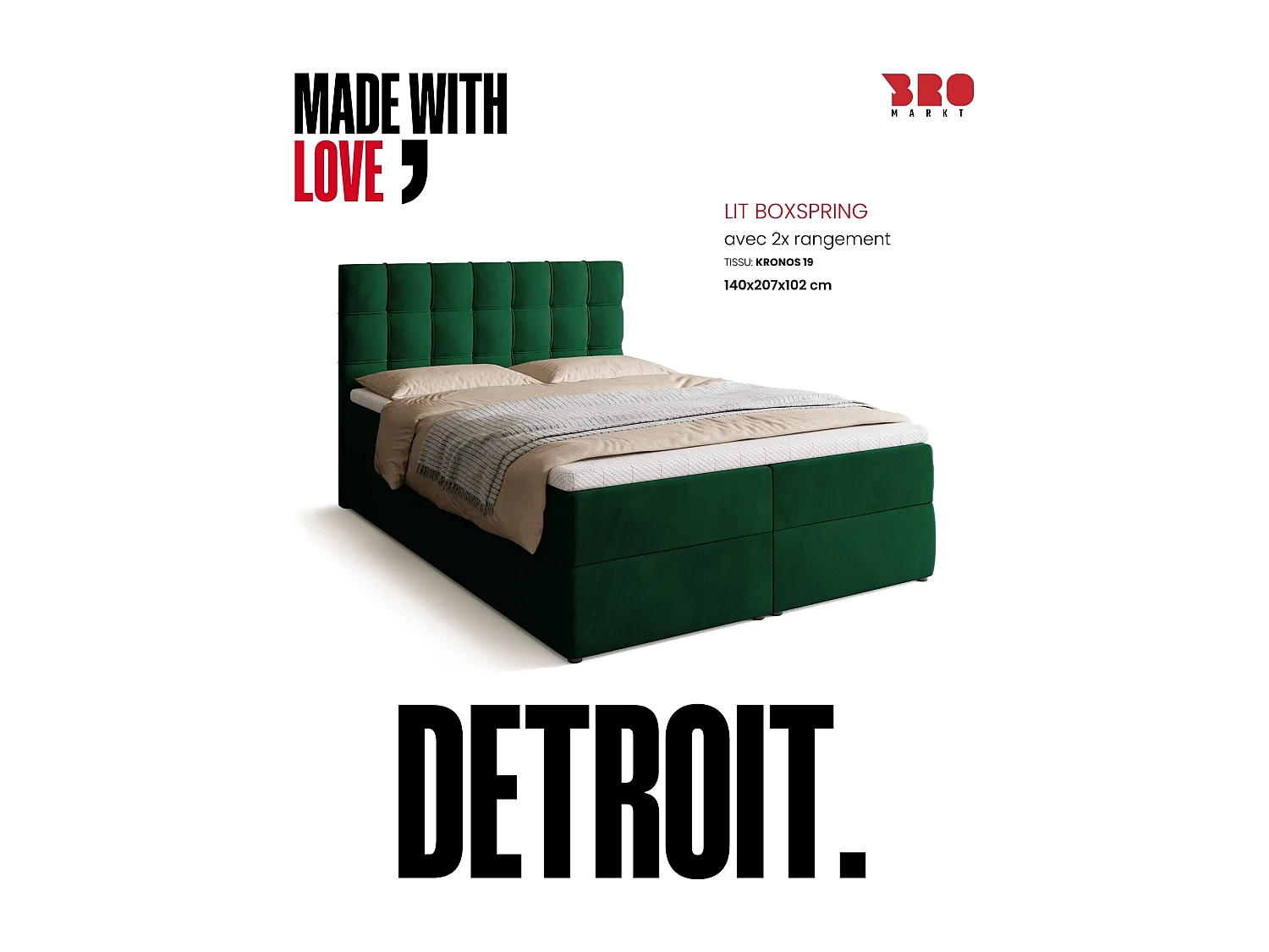 Lit boxspring avec rangement DETROIT - matelas - surmatelas - vert - 140x200 cm