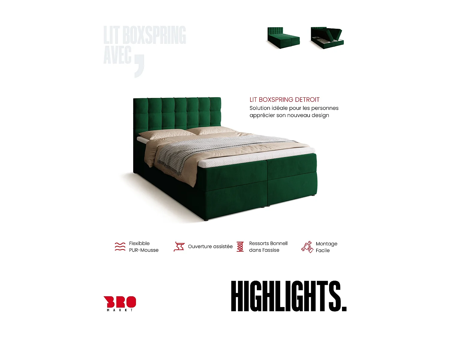 Lit boxspring avec rangement DETROIT - matelas - surmatelas - vert - 140x200 cm