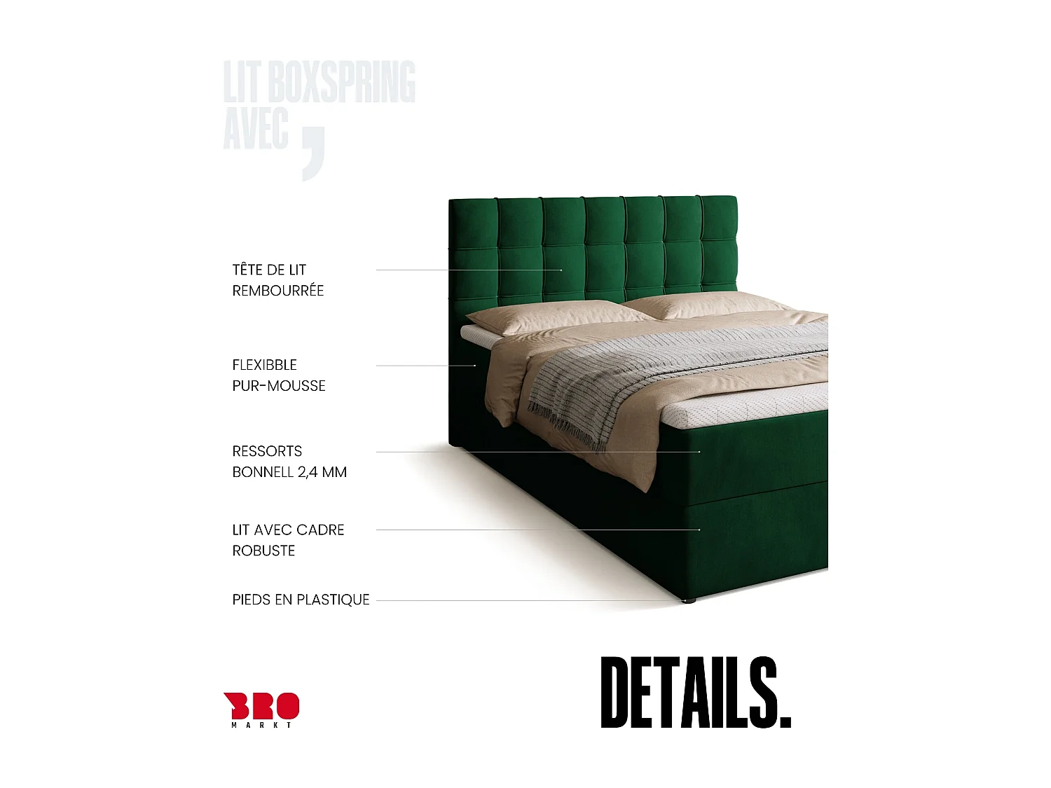 Lit boxspring avec rangement DETROIT - matelas - surmatelas - vert - 140x200 cm