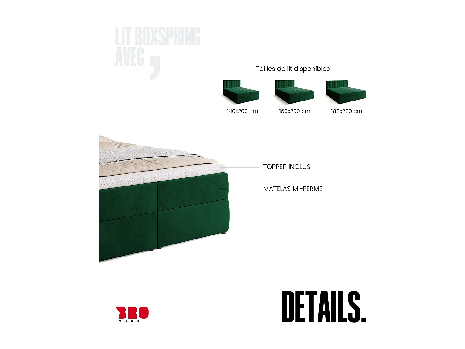 Lit boxspring avec rangement DETROIT - matelas - surmatelas - vert - 140x200 cm