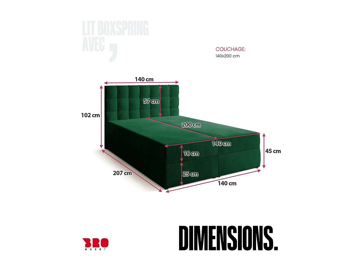 Lit boxspring avec rangement DETROIT - matelas - surmatelas - vert - 140x200 cm