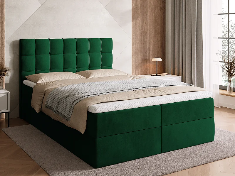 Lit boxspring avec rangement DETROIT - matelas - surmatelas - vert - 140x200 cm