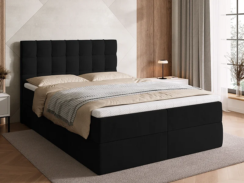 Lit boxspring avec rangement DETROIT - matelas - surmatelas - noir - 140x200 cm