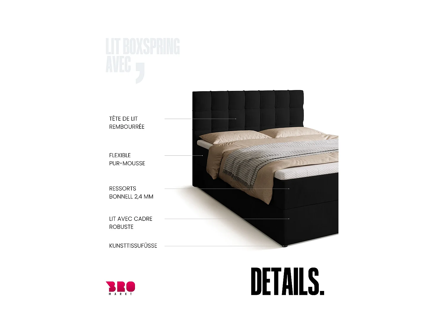Boxspringbed met hoofdeinde, matras en dekmatras - DETROIT - 140x200 - zwart
