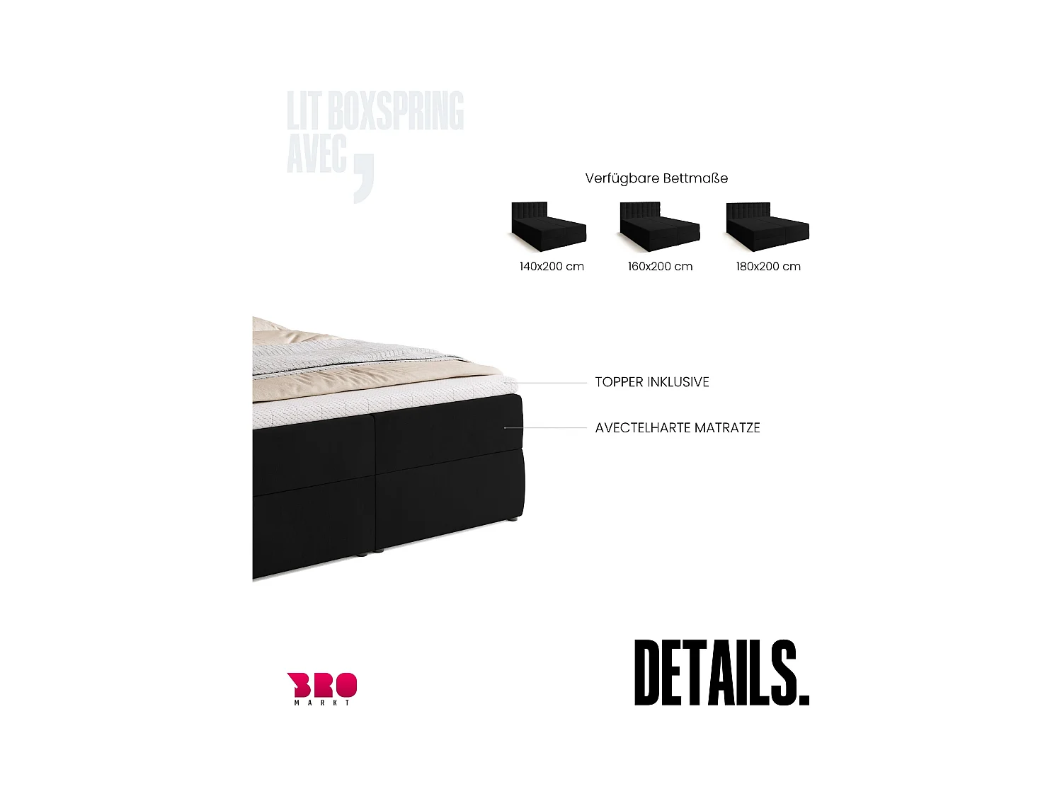 Boxspringbed met hoofdeinde, matras en dekmatras - DETROIT - 140x200 - zwart