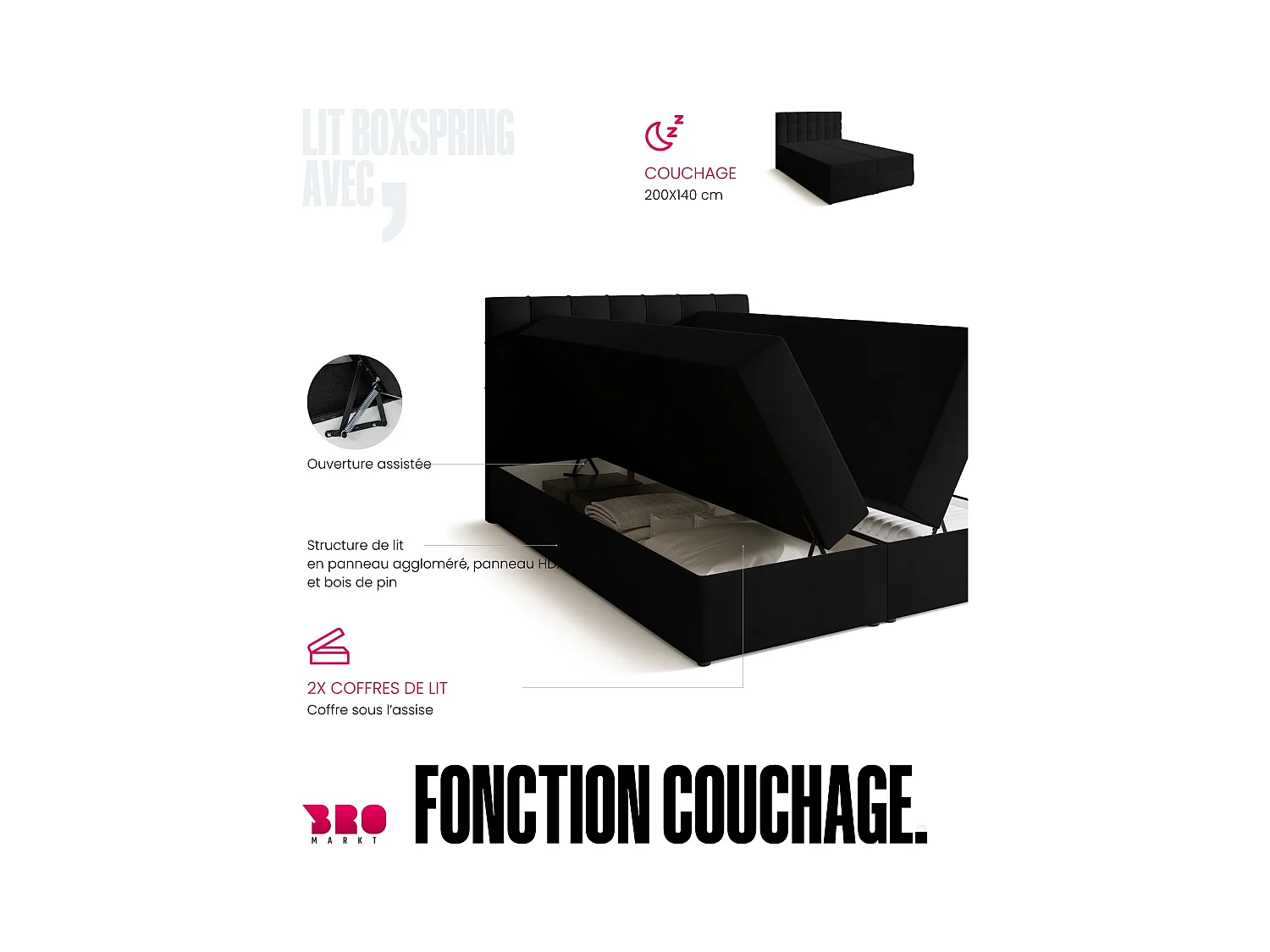 Boxspringbed met hoofdeinde, matras en dekmatras - DETROIT - 140x200 - zwart