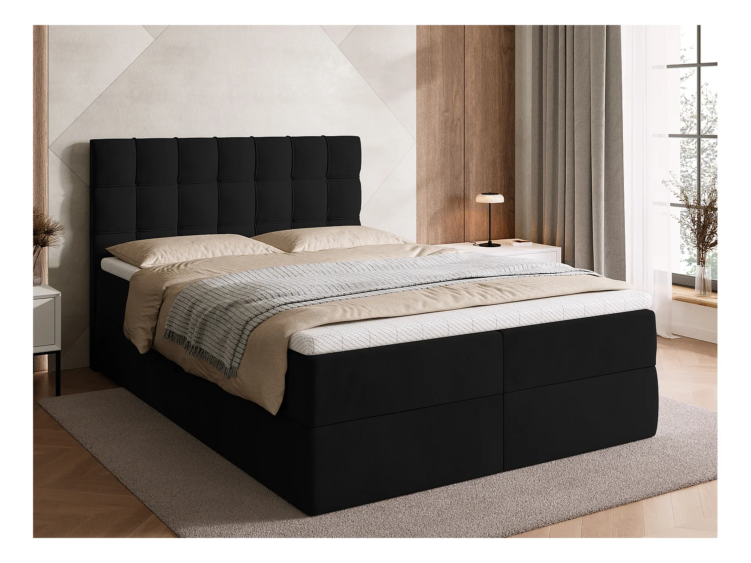 Lit boxspring avec rangement DETROIT - matelas - surmatelas - noir - 140x200 cm