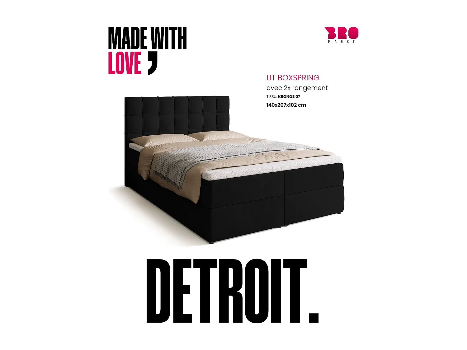 Lit boxspring avec rangement DETROIT - matelas - surmatelas - noir - 140x200 cm