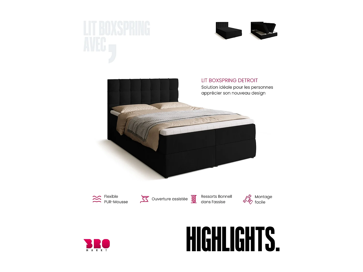 Lit boxspring avec rangement DETROIT - matelas - surmatelas - noir - 140x200 cm