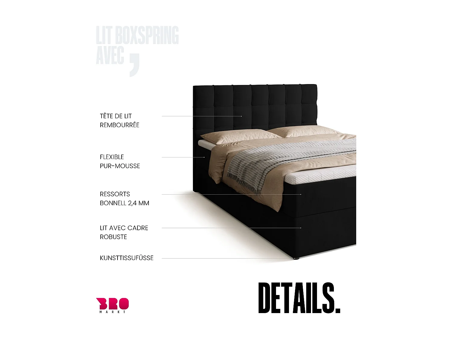 Lit boxspring avec rangement DETROIT - matelas - surmatelas - noir - 140x200 cm