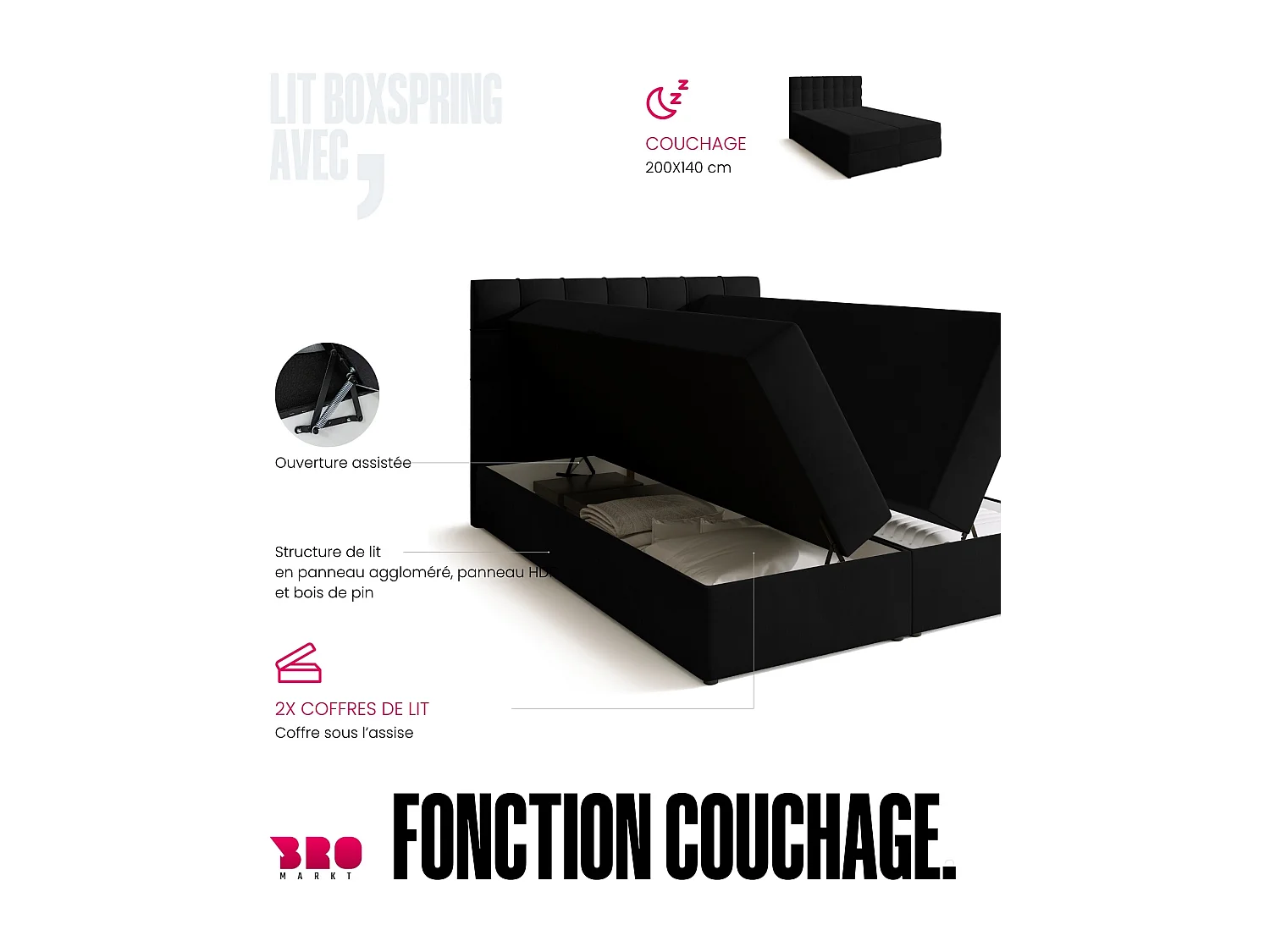 Lit boxspring avec rangement DETROIT - matelas - surmatelas - noir - 140x200 cm