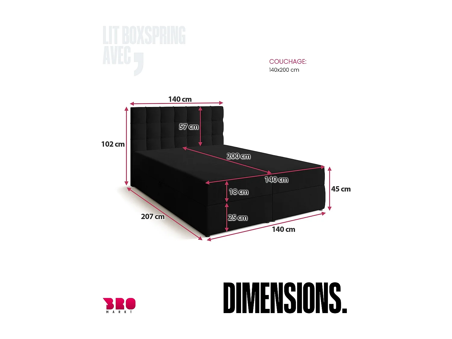 Lit boxspring avec rangement DETROIT - matelas - surmatelas - noir - 140x200 cm