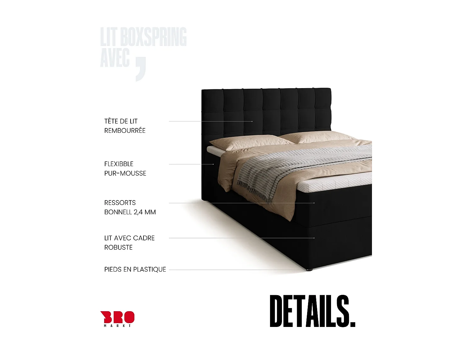 Lit boxspring avec rangement DETROIT - matelas - surmatelas - noir - 140x200 cm