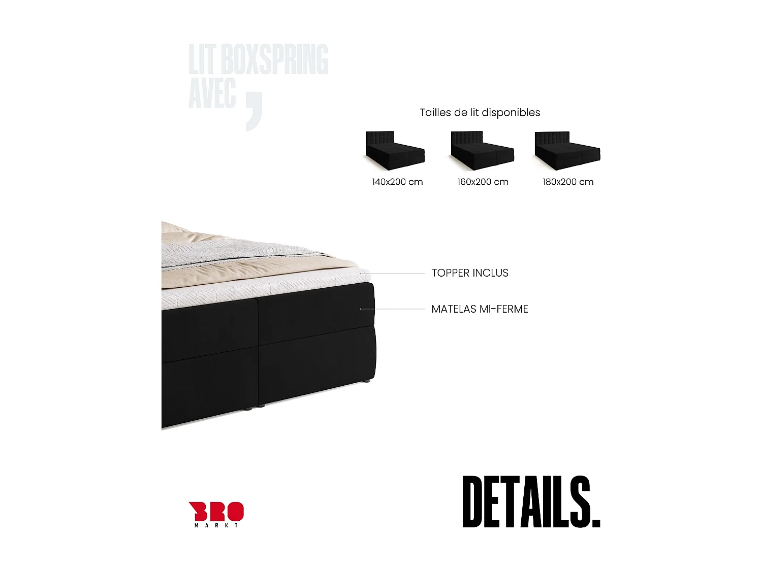 Lit boxspring avec rangement DETROIT - matelas - surmatelas - noir - 140x200 cm