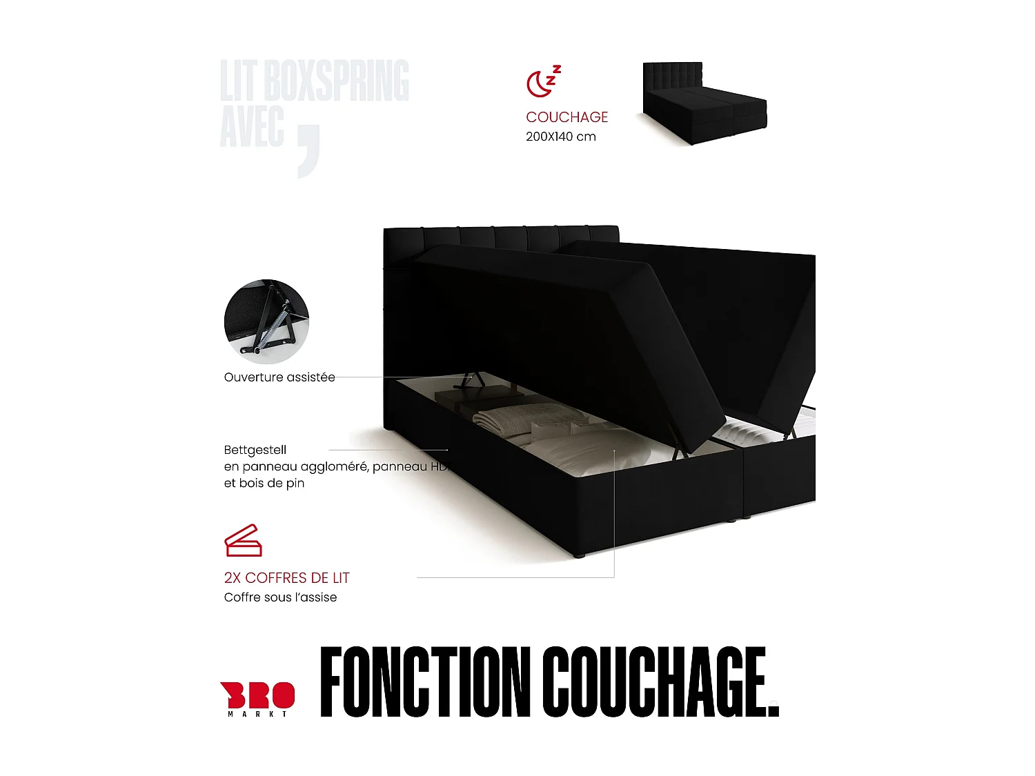 Lit boxspring avec rangement DETROIT - matelas - surmatelas - noir - 140x200 cm