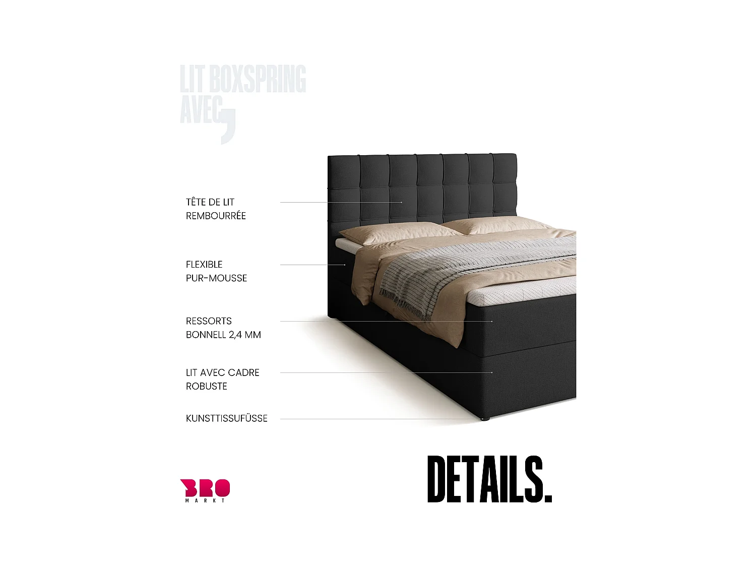 Boxspringbed met hoofdeinde, matras en dekmatras - DETROIT - 140x200 - donkergrijs
