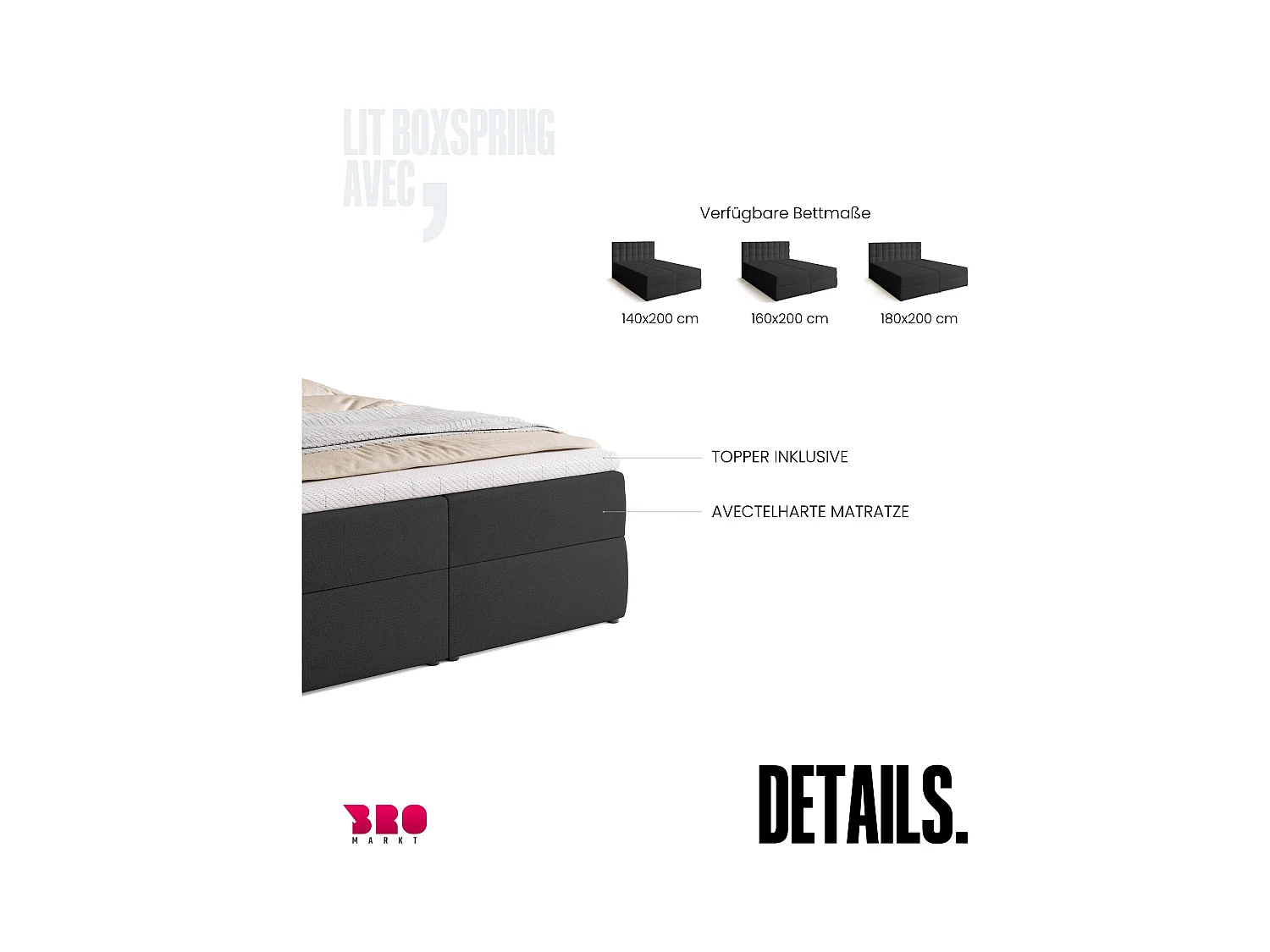 Boxspringbed met hoofdeinde, matras en dekmatras - DETROIT - 140x200 - donkergrijs