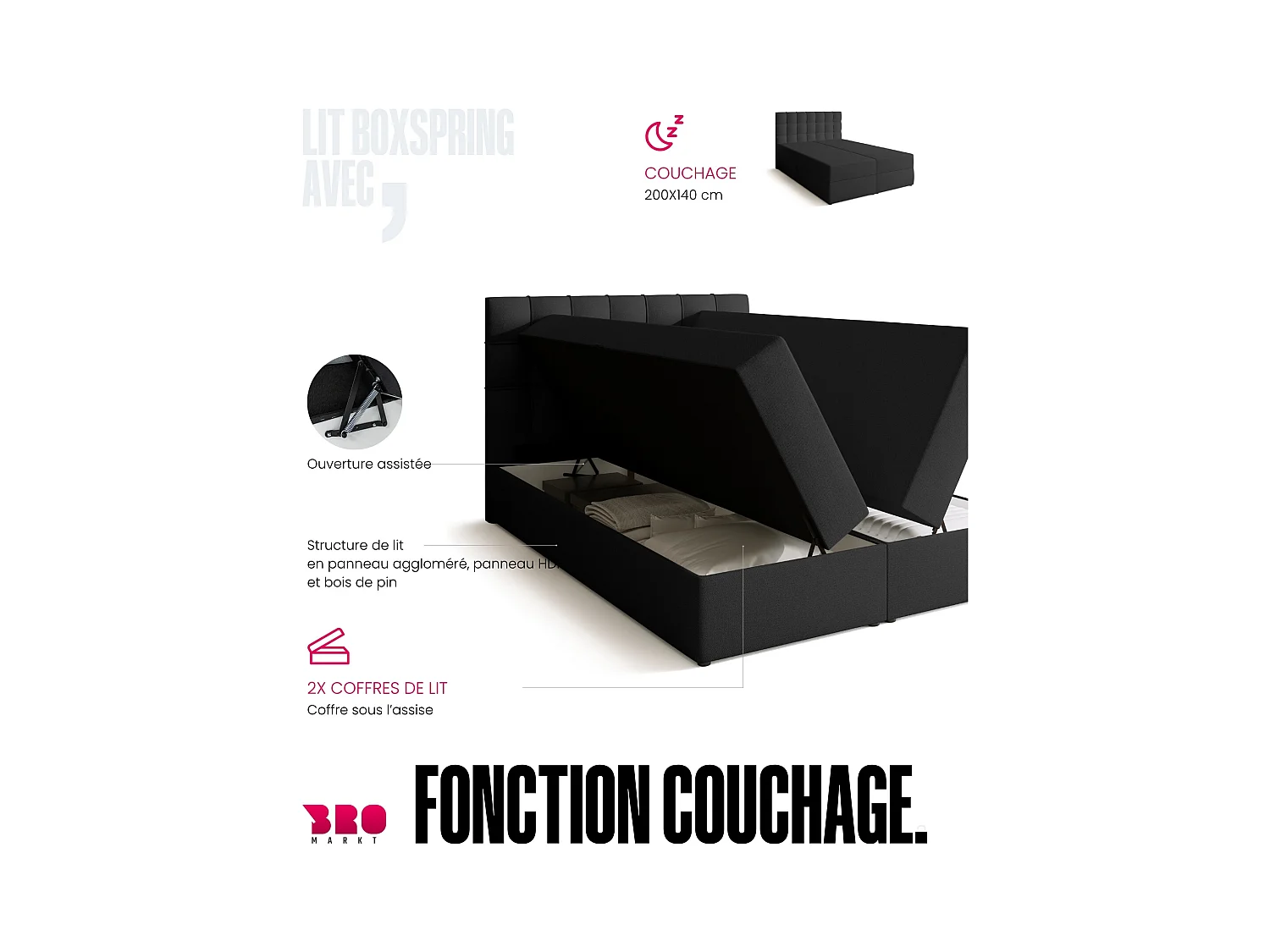 Boxspringbed met hoofdeinde, matras en dekmatras - DETROIT - 140x200 - donkergrijs