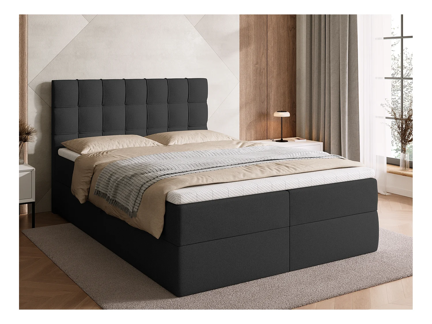 Lit boxspring avec rangement DETROIT - matelas - surmatelas - gris foncé - 140x200 cm