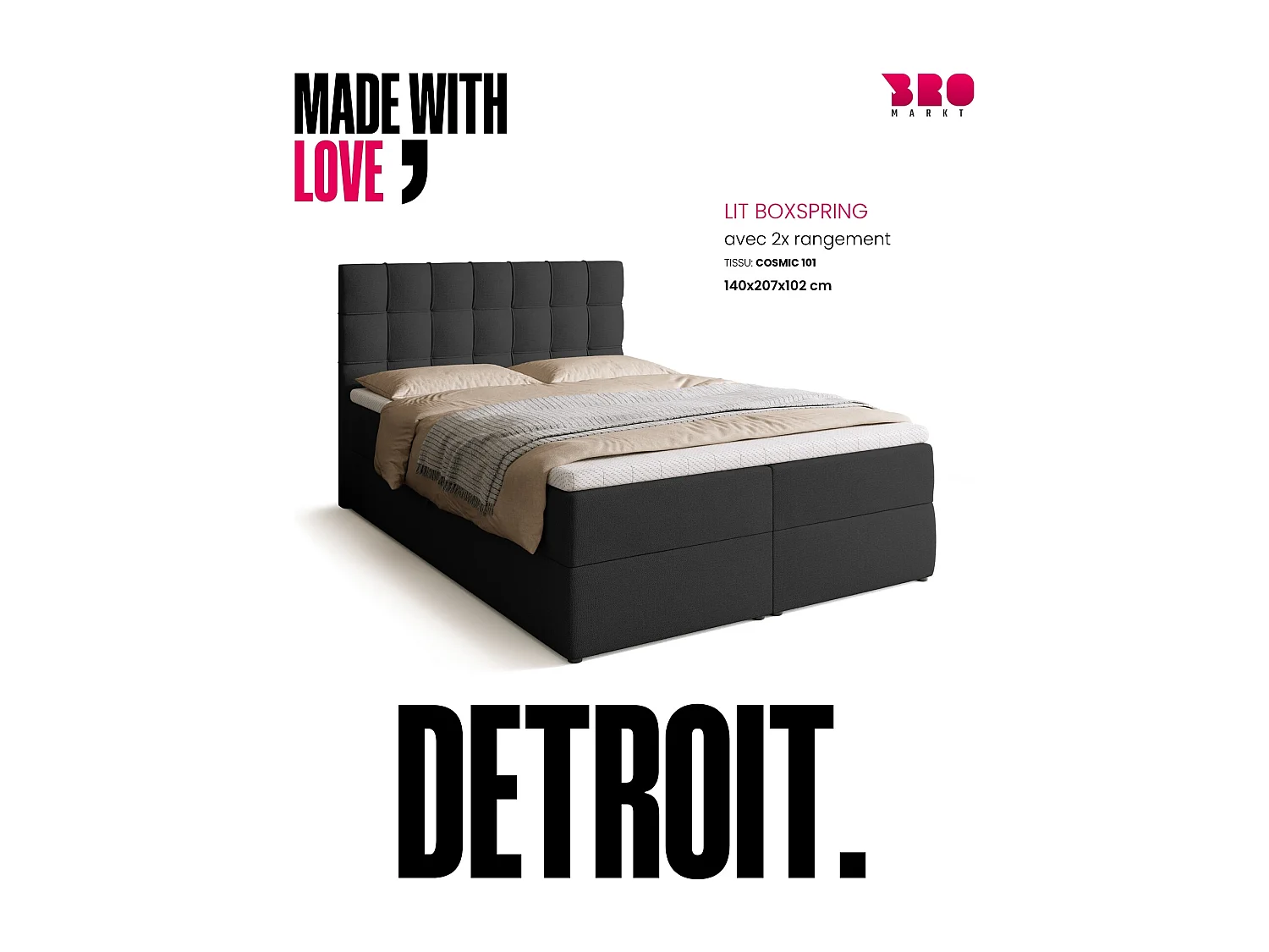 Lit boxspring avec rangement DETROIT - matelas - surmatelas - gris foncé - 140x200 cm
