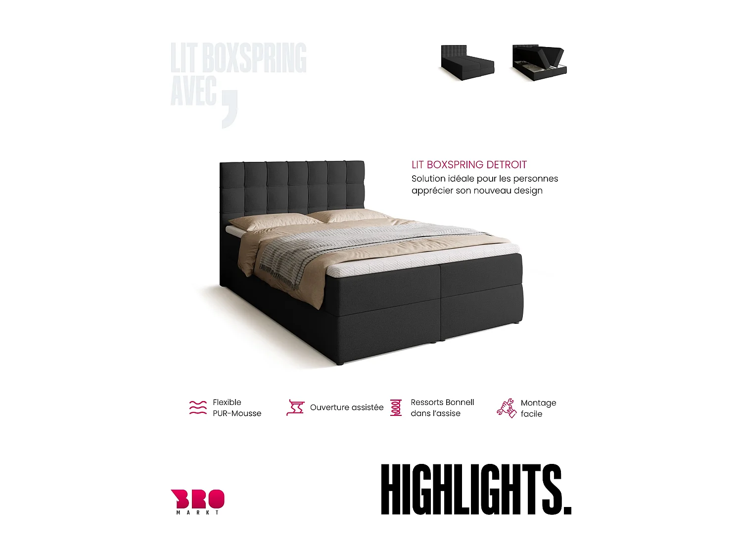 Lit boxspring avec rangement DETROIT - matelas - surmatelas - gris foncé - 140x200 cm