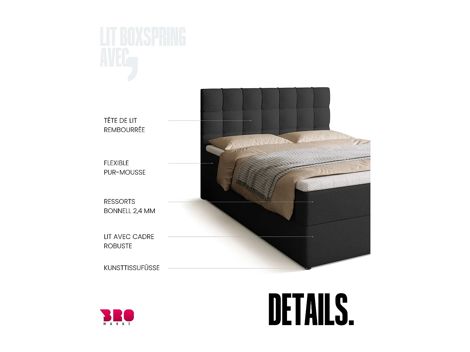 Lit boxspring avec rangement DETROIT - matelas - surmatelas - gris foncé - 140x200 cm