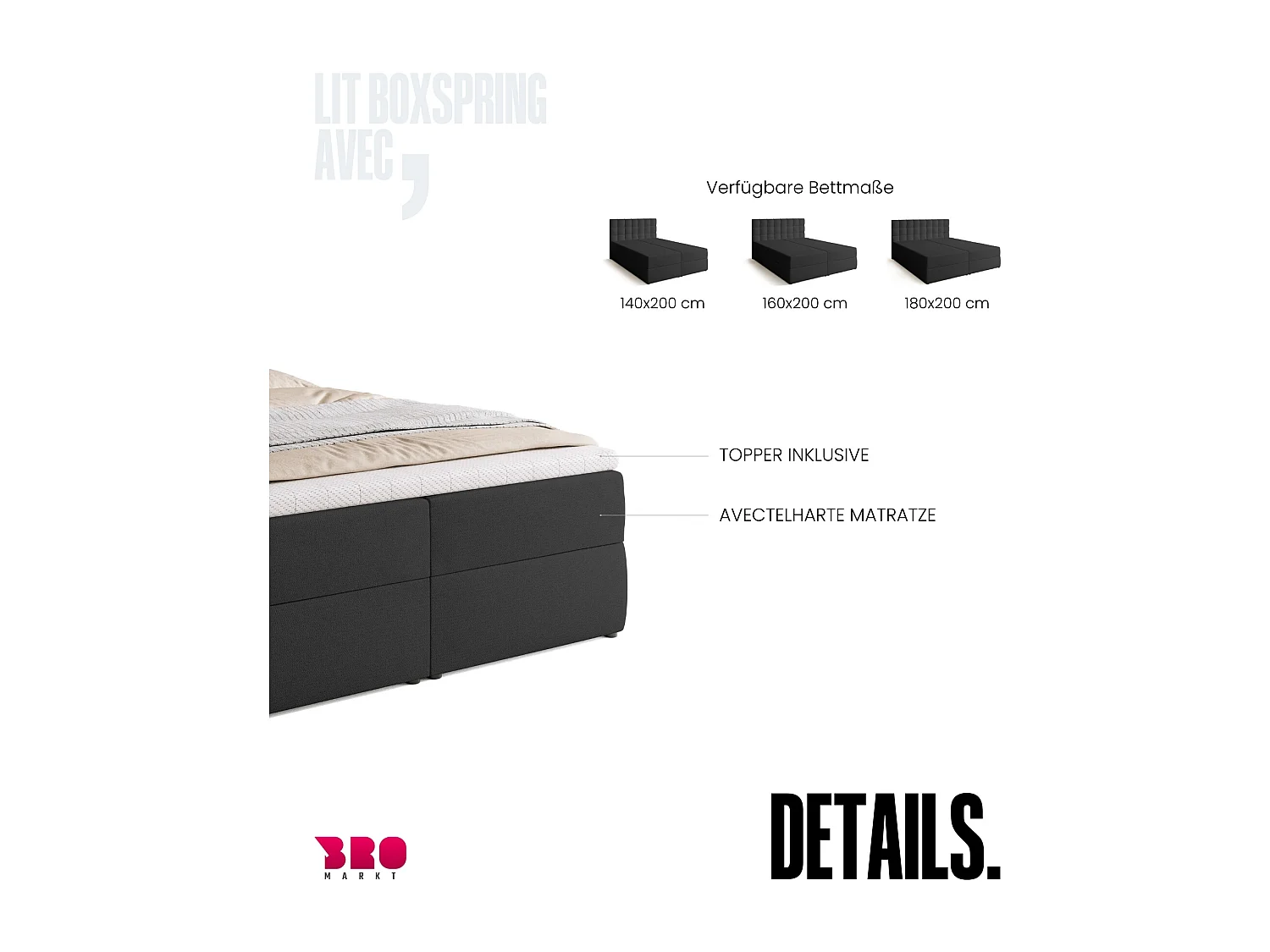 Lit boxspring avec rangement DETROIT - matelas - surmatelas - gris foncé - 140x200 cm