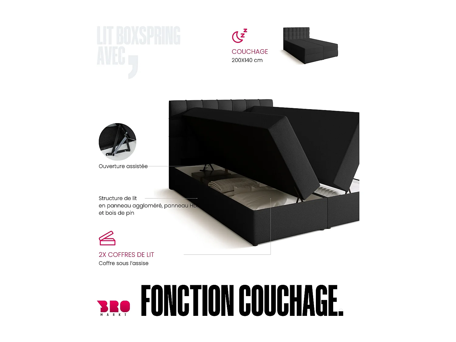 Lit boxspring avec rangement DETROIT - matelas - surmatelas - gris foncé - 140x200 cm