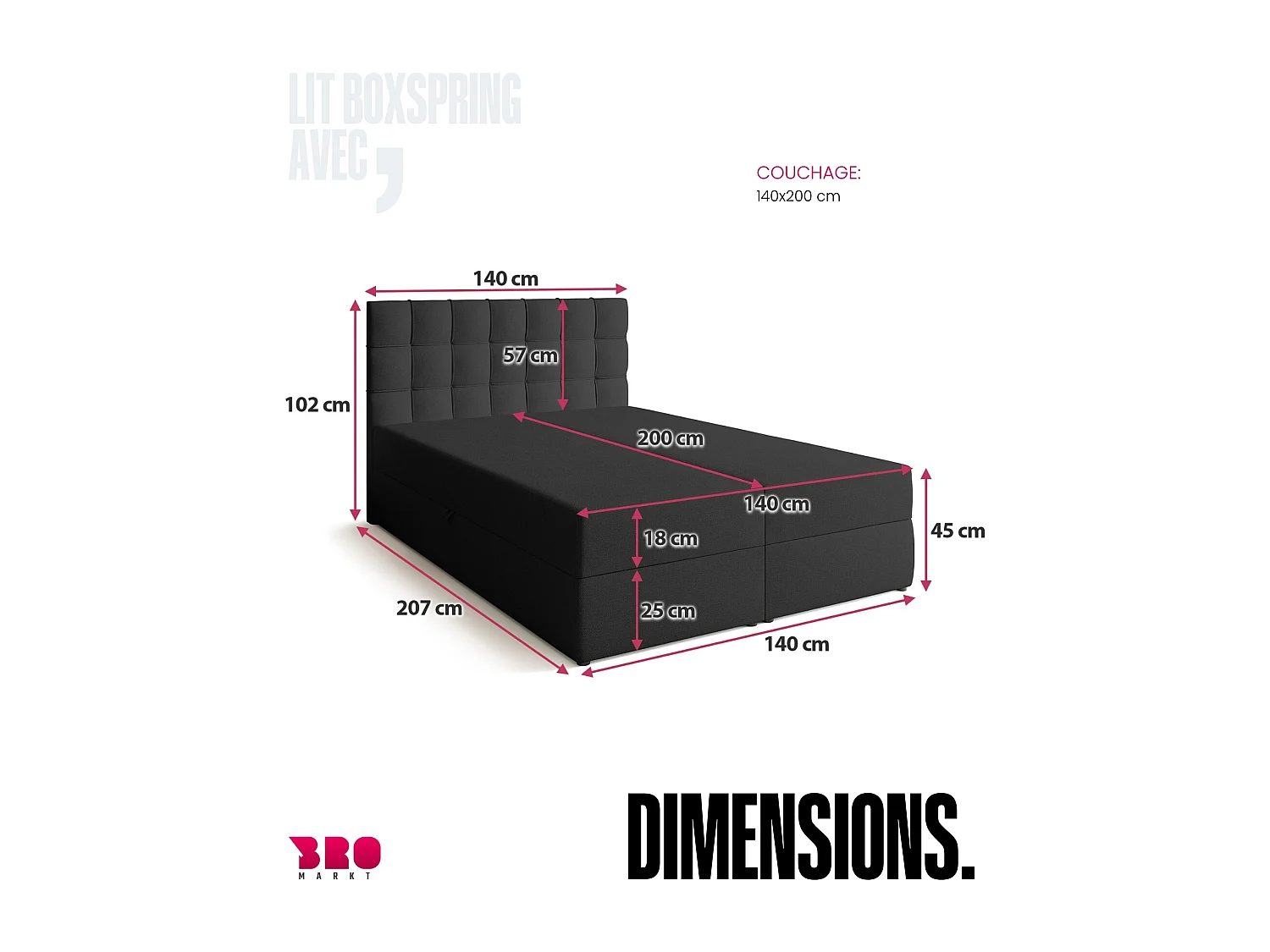 Lit boxspring avec rangement DETROIT - matelas - surmatelas - gris foncé - 140x200 cm
