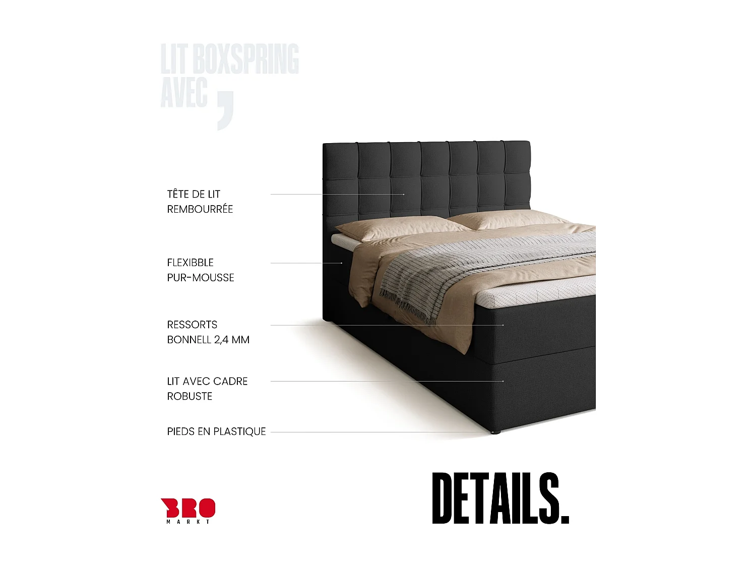Lit boxspring avec rangement DETROIT - matelas - surmatelas - gris foncé - 140x200 cm