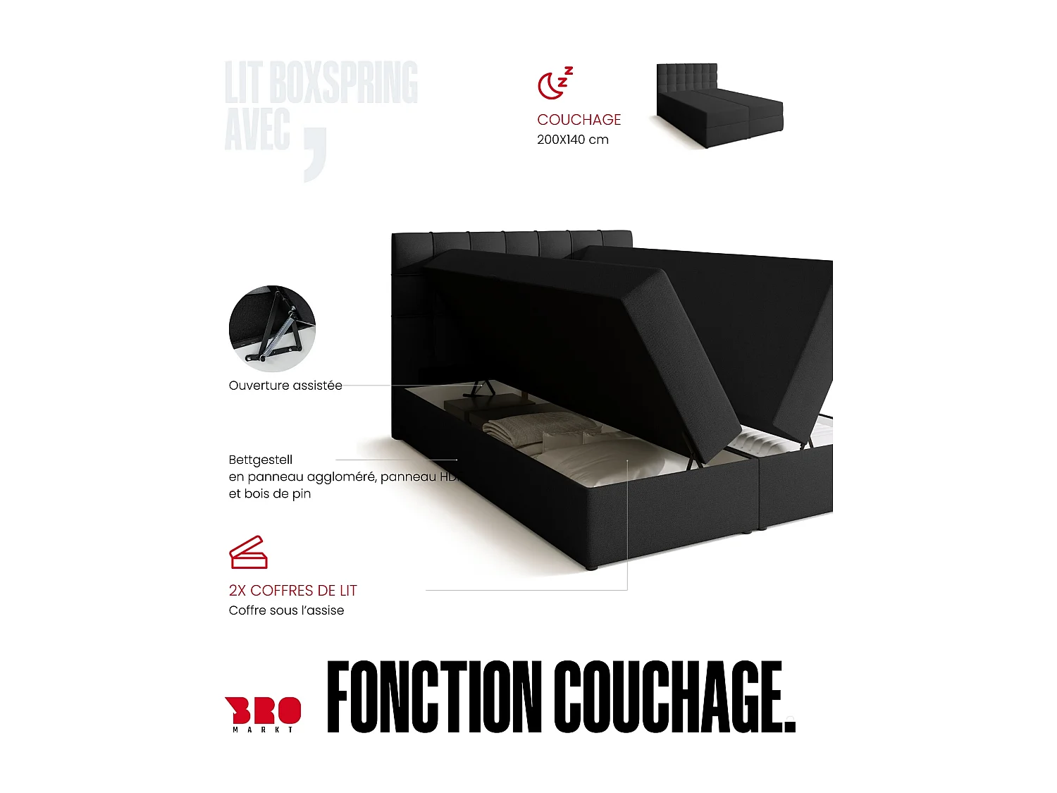 Lit boxspring avec rangement DETROIT - matelas - surmatelas - gris foncé - 140x200 cm