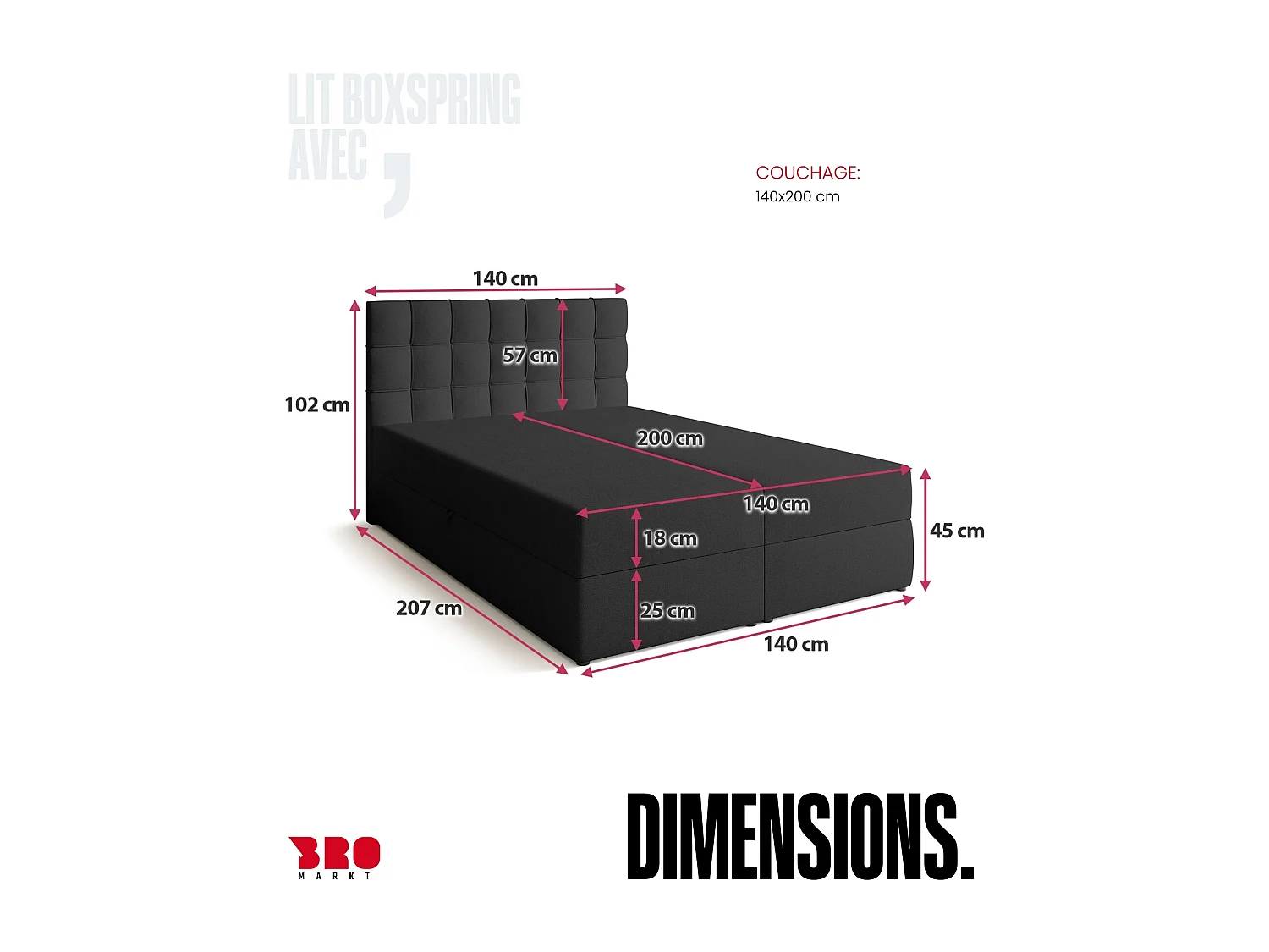 Lit boxspring avec rangement DETROIT - matelas - surmatelas - gris foncé - 140x200 cm