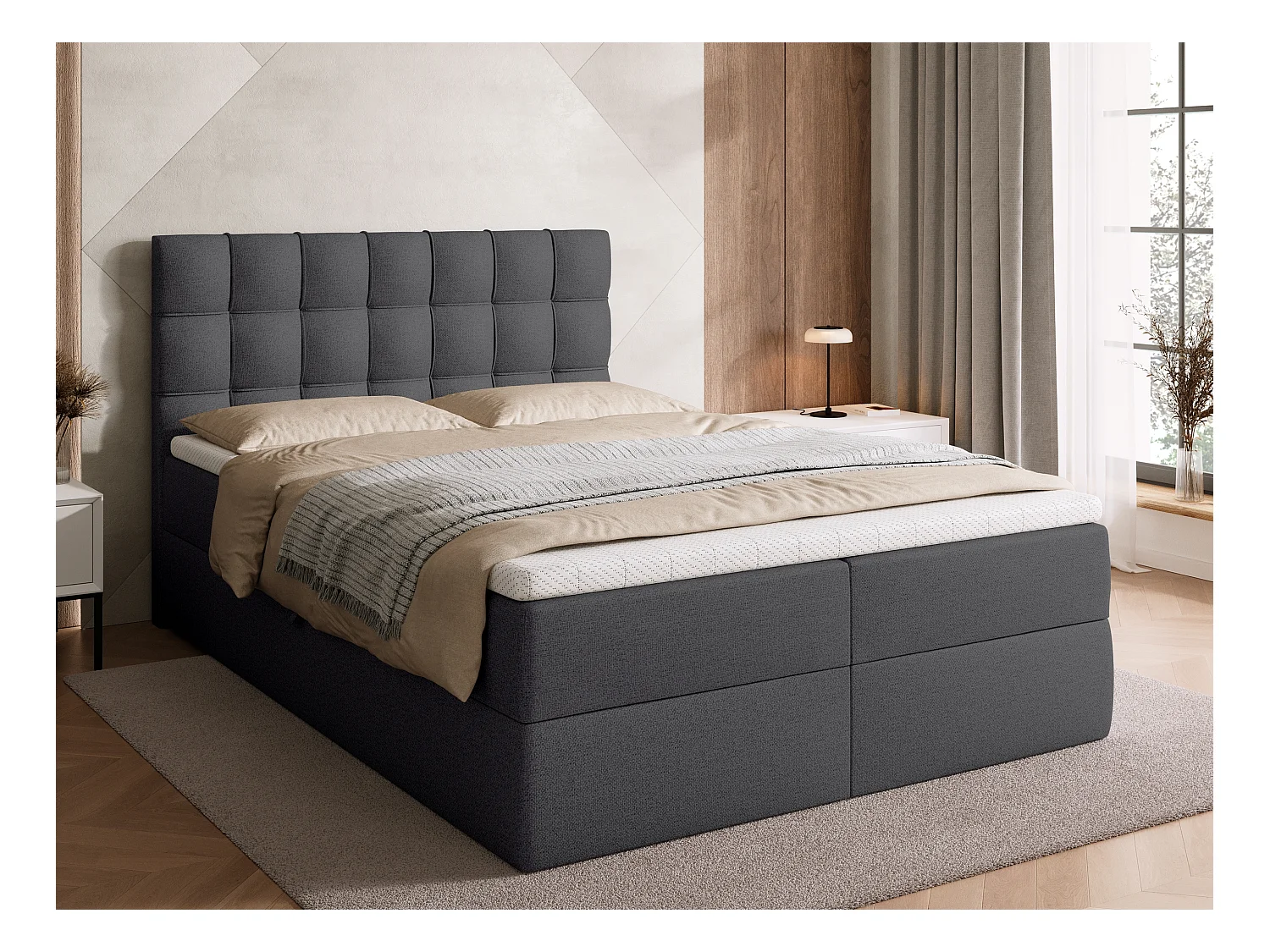 Lit boxspring avec rangement DETROIT - matelas - surmatelas - gris foncé - 140x200 cm