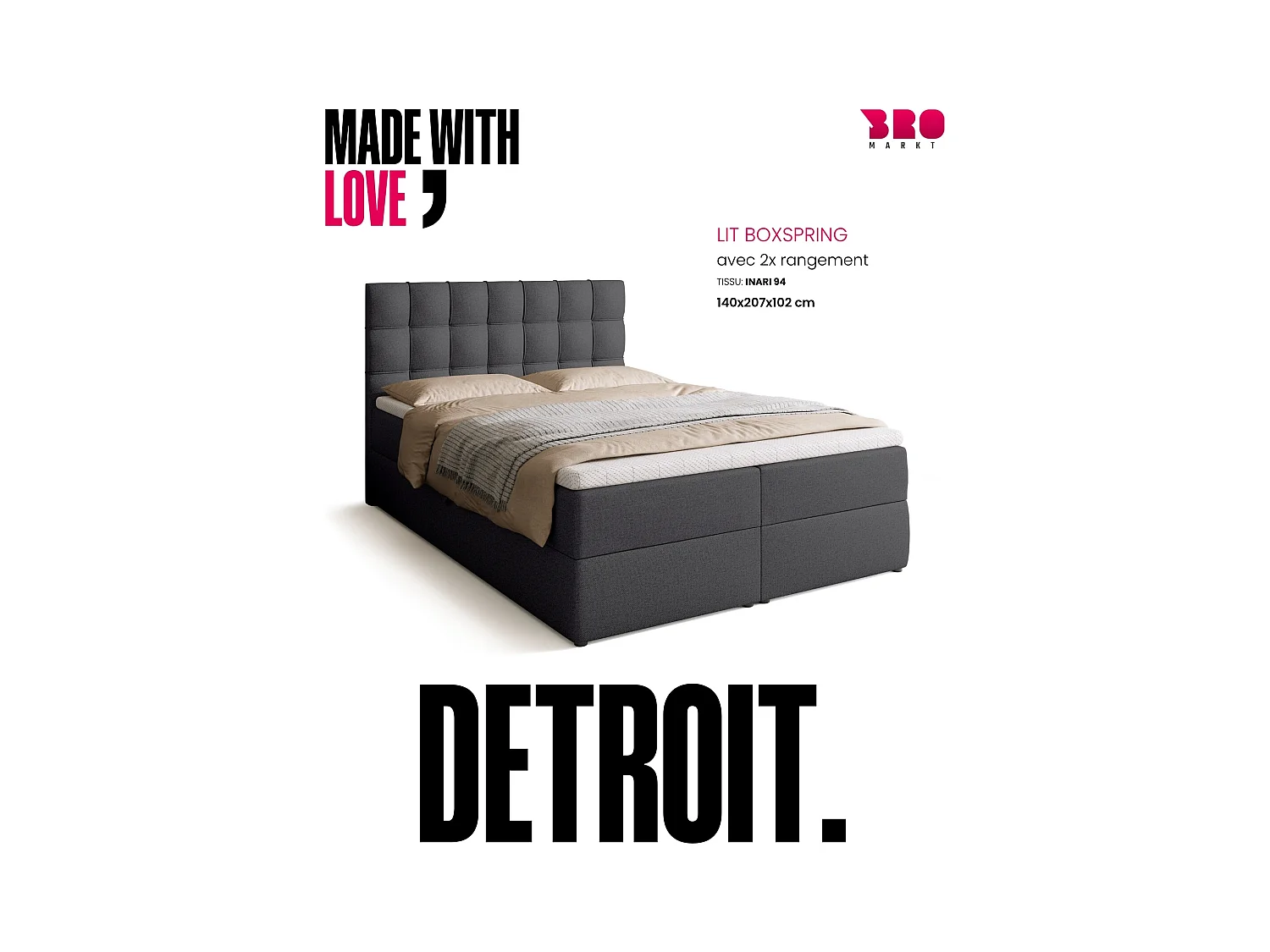 Lit boxspring avec rangement DETROIT - matelas - surmatelas - gris foncé - 140x200 cm