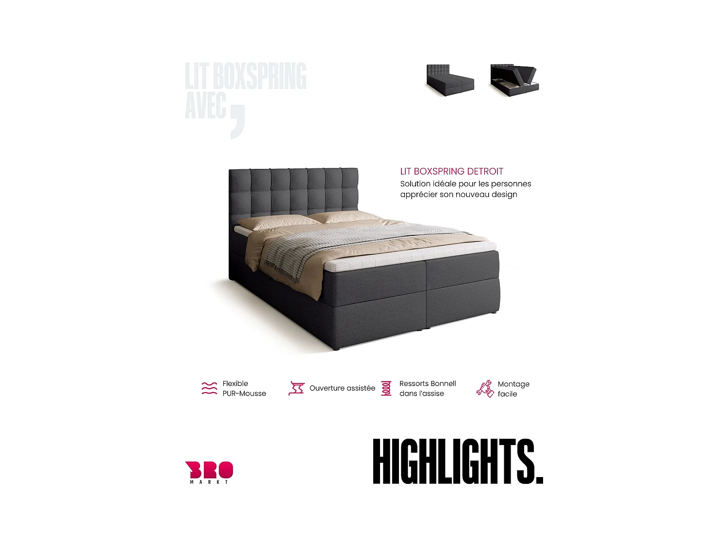 Lit boxspring avec rangement DETROIT - matelas - surmatelas - gris foncé - 140x200 cm