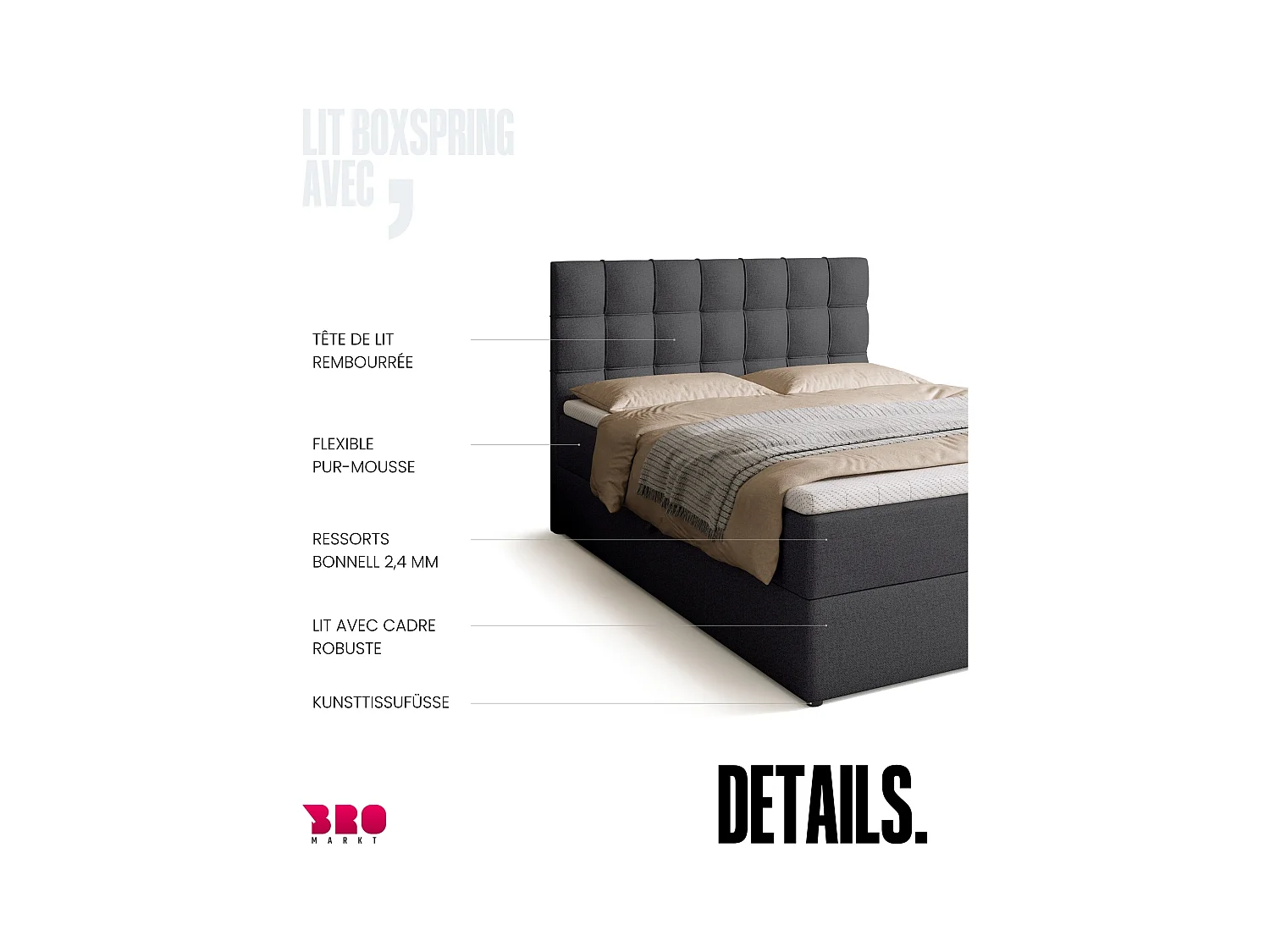 Lit boxspring avec rangement DETROIT - matelas - surmatelas - gris foncé - 140x200 cm
