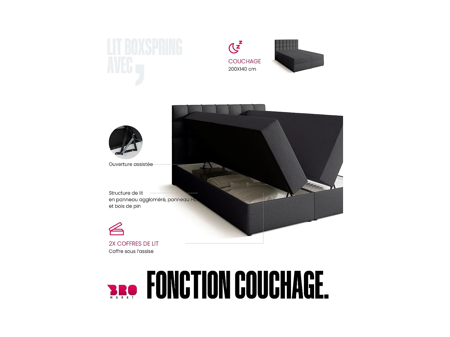 Lit boxspring avec rangement DETROIT - matelas - surmatelas - gris foncé - 140x200 cm