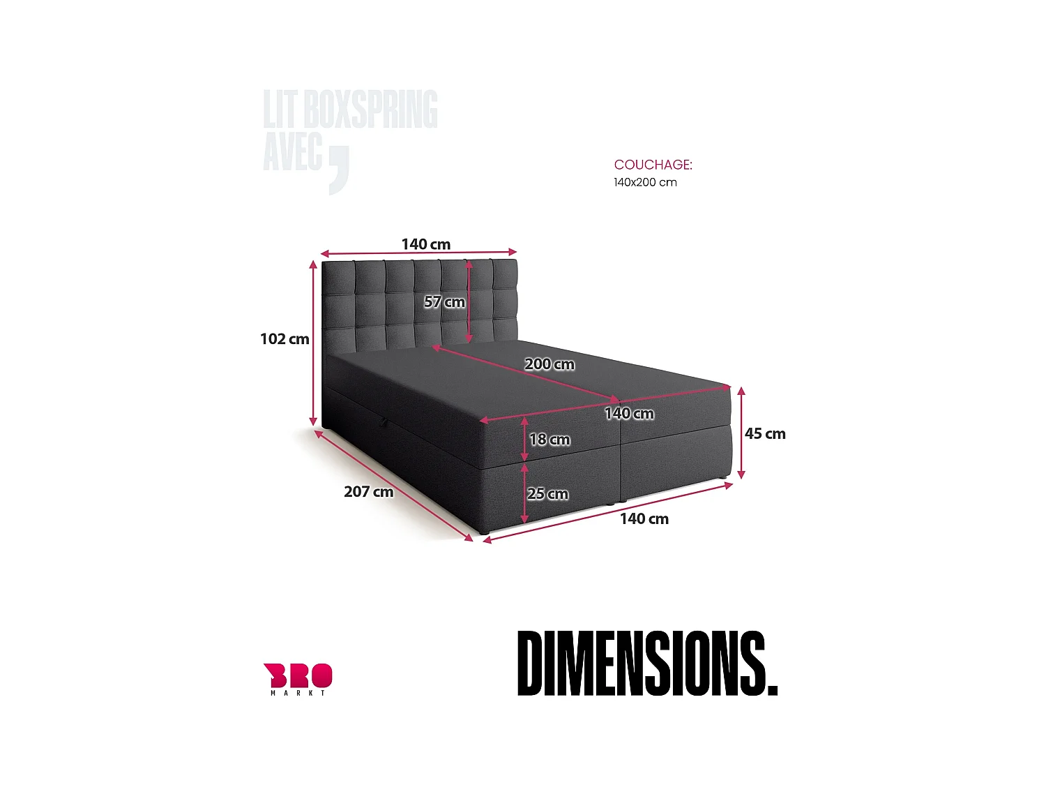 Lit boxspring avec rangement DETROIT - matelas - surmatelas - gris foncé - 140x200 cm