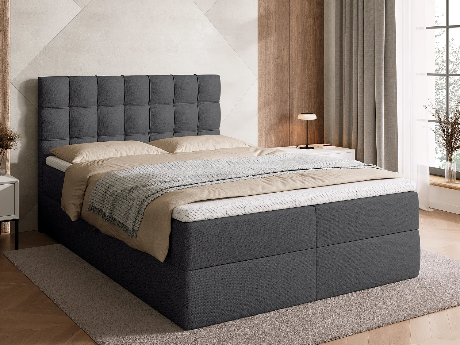 Boxspringbed met hoofdeinde, matras en dekmatras - DETROIT - 140x200 - donkergrijs