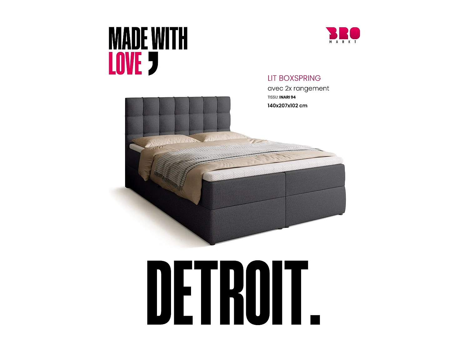 Boxspringbed met hoofdeinde, matras en dekmatras - DETROIT - 140x200 - donkergrijs