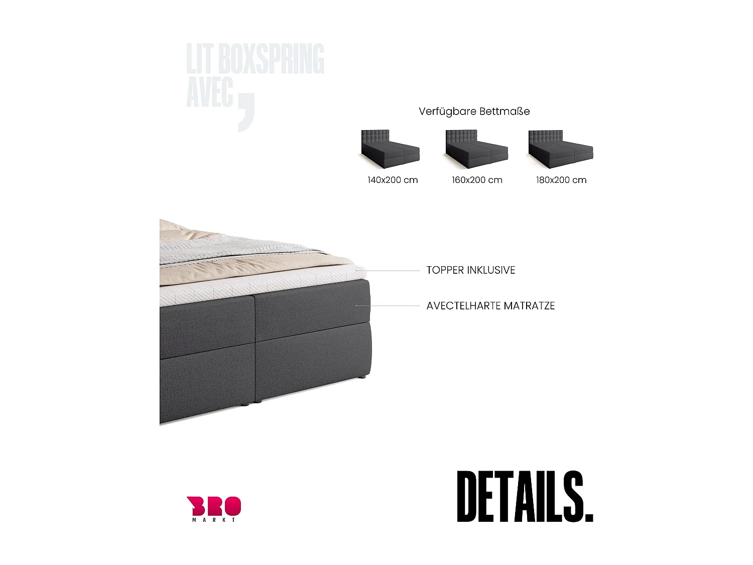 Boxspringbed met hoofdeinde, matras en dekmatras - DETROIT - 140x200 - donkergrijs