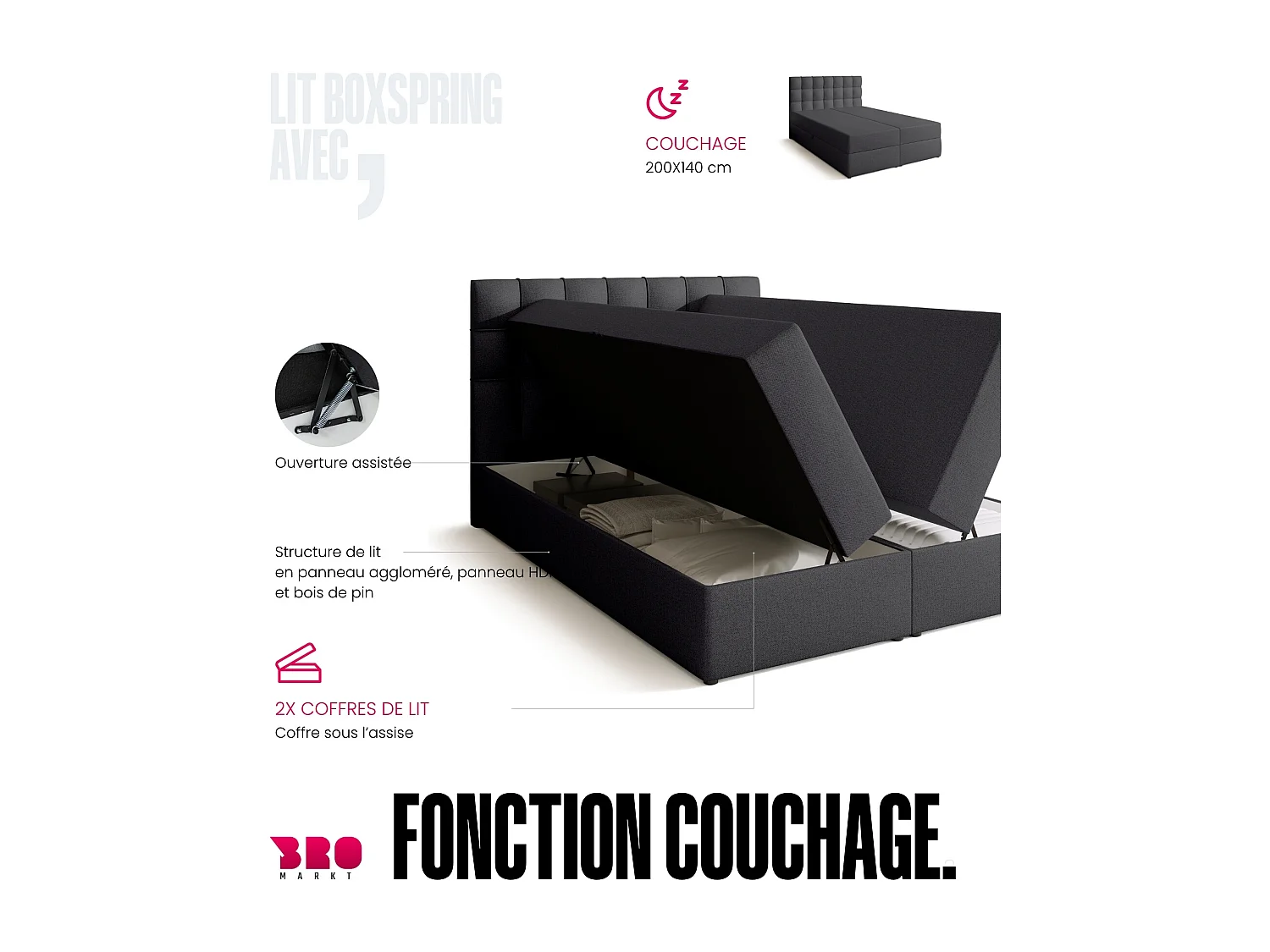 Boxspringbed met hoofdeinde, matras en dekmatras - DETROIT - 140x200 - donkergrijs