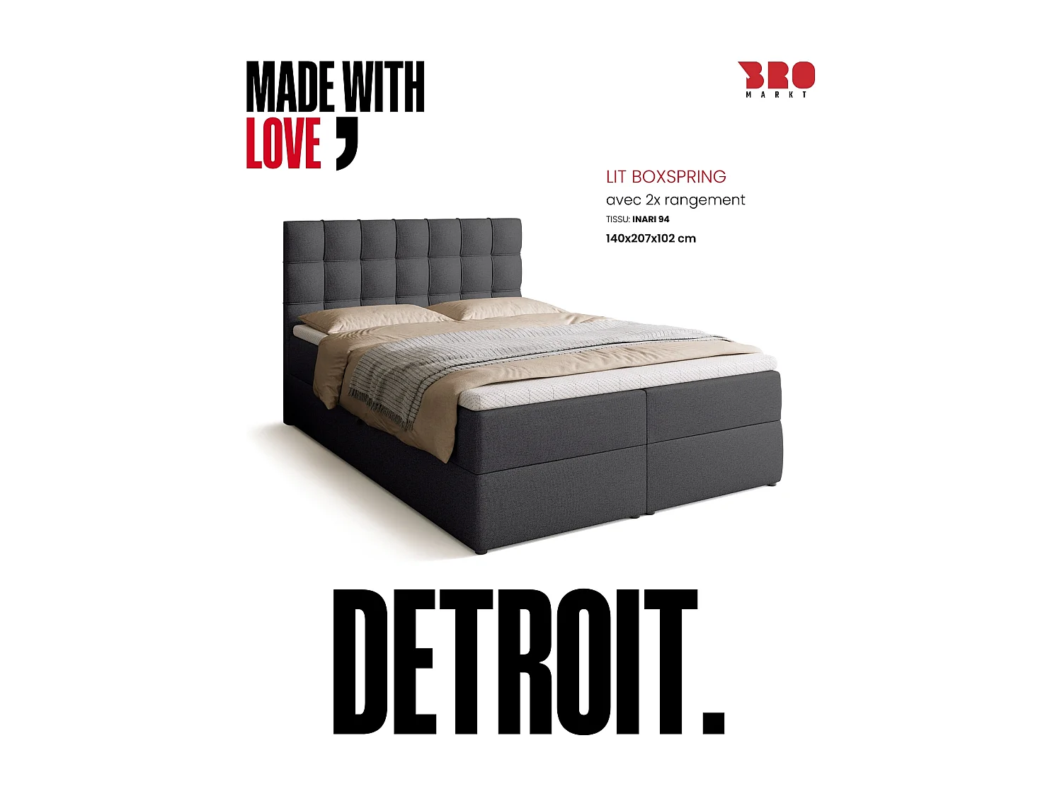 Lit boxspring avec rangement DETROIT - matelas - surmatelas - gris foncé - 140x200 cm