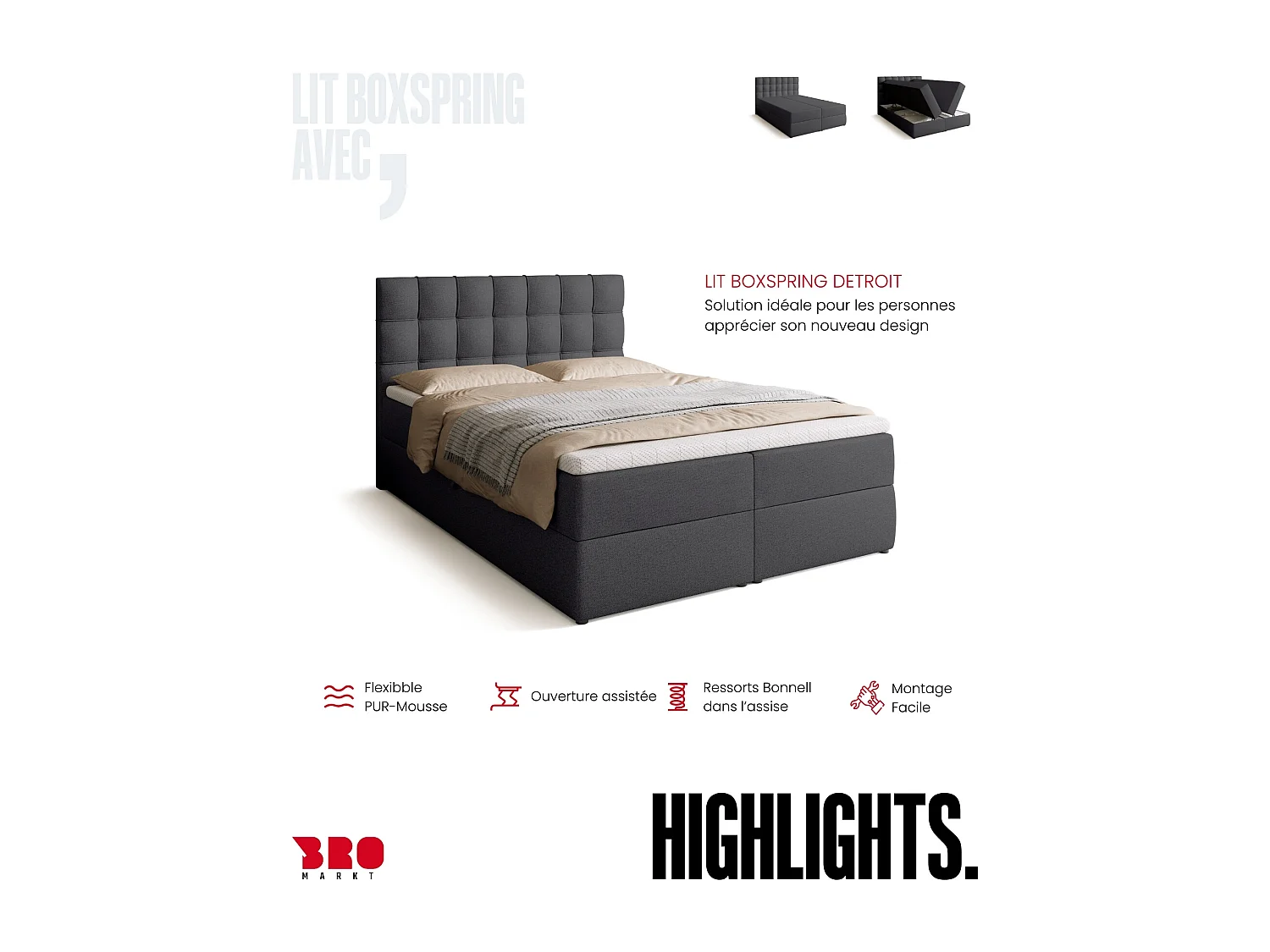 Lit boxspring avec rangement DETROIT - matelas - surmatelas - gris foncé - 140x200 cm