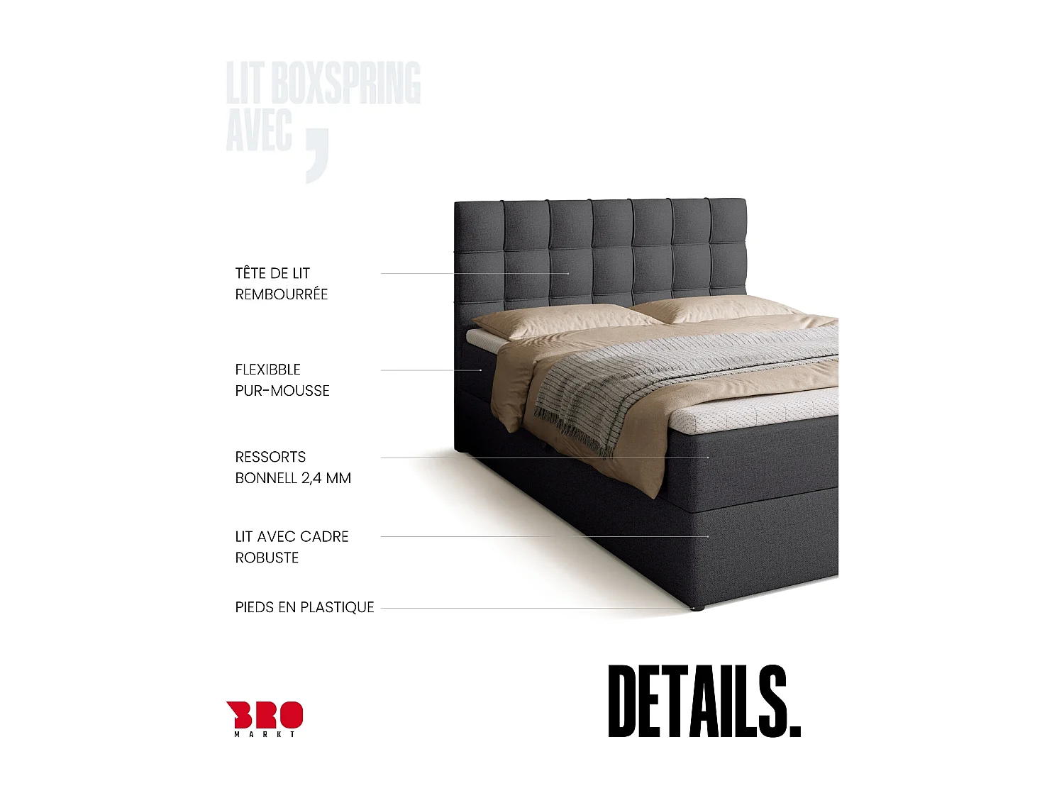 Lit boxspring avec rangement DETROIT - matelas - surmatelas - gris foncé - 140x200 cm