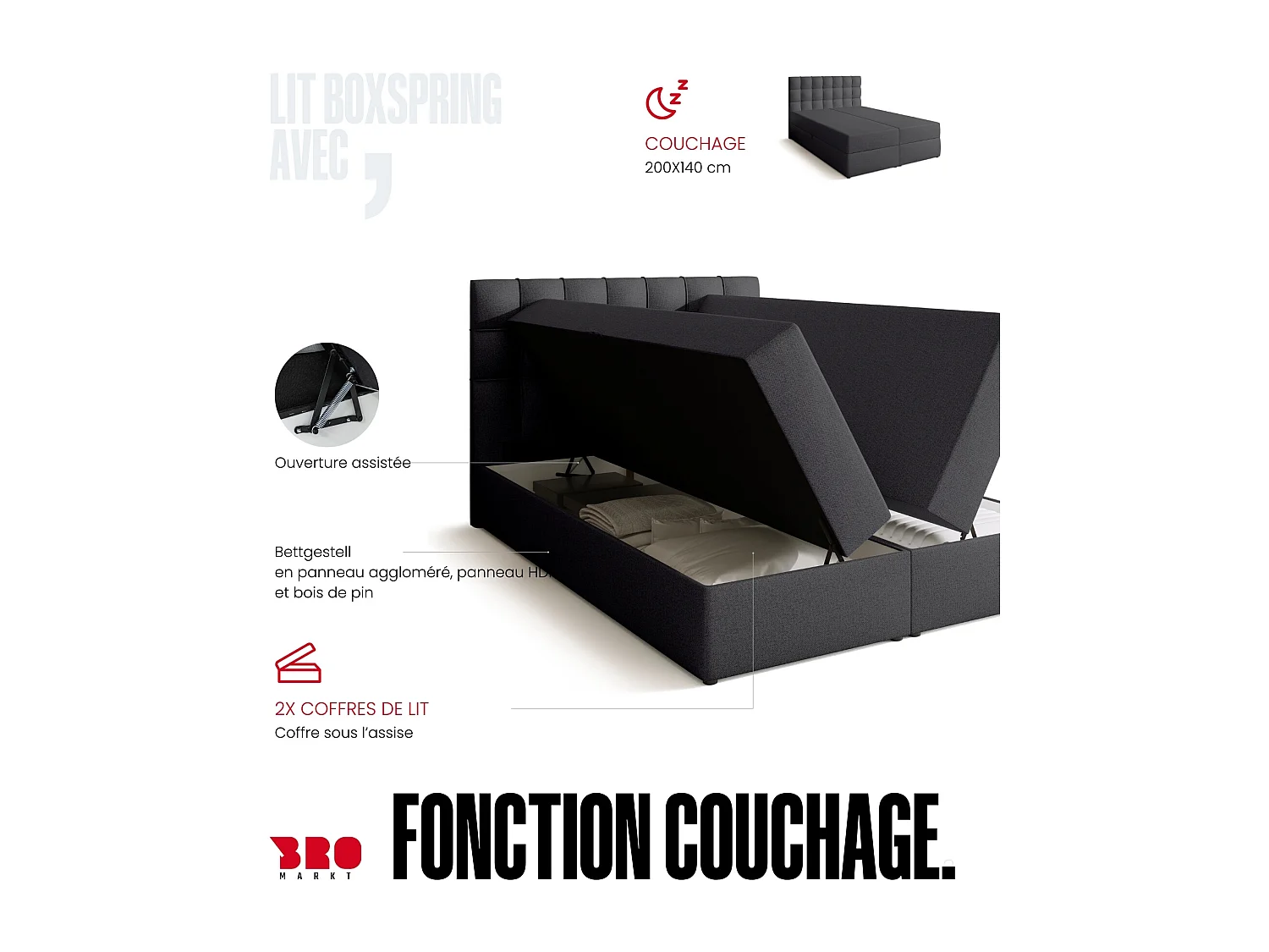 Lit boxspring avec rangement DETROIT - matelas - surmatelas - gris foncé - 140x200 cm
