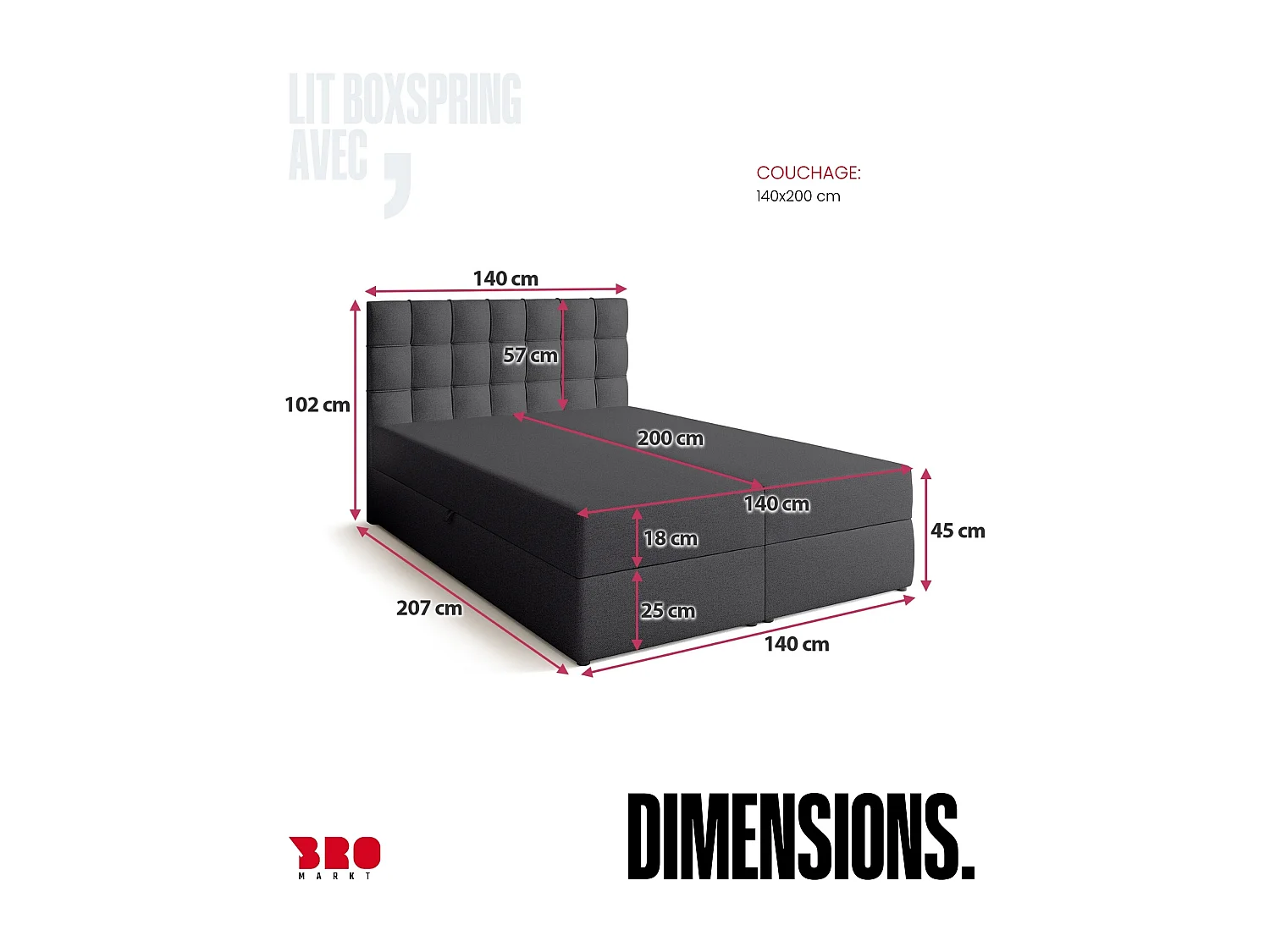 Lit boxspring avec rangement DETROIT - matelas - surmatelas - gris foncé - 140x200 cm