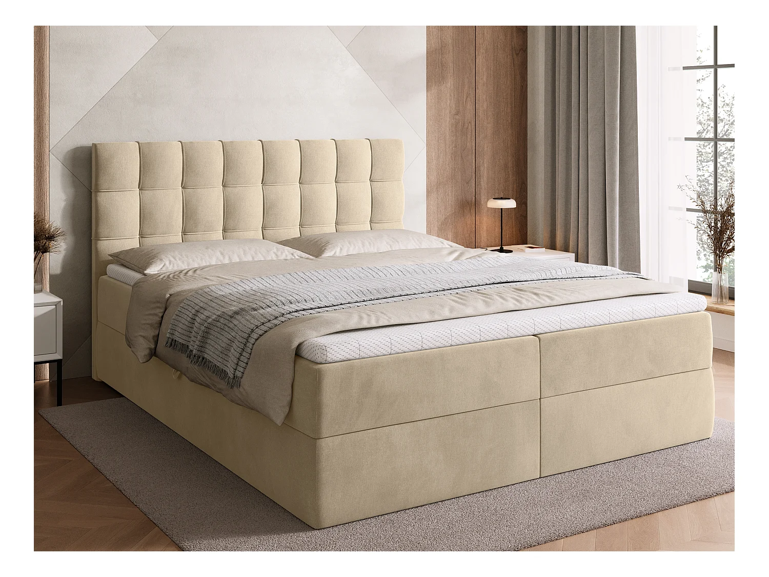 Lit boxspring avec rangement DETROIT - matelas - surmatelas - beige - 160x200 cm