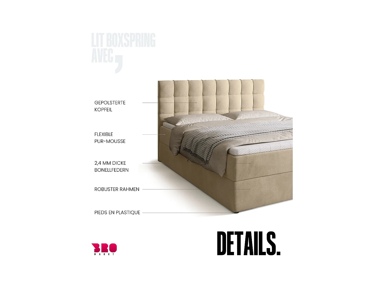 Lit boxspring avec rangement DETROIT - matelas - surmatelas - beige - 160x200 cm