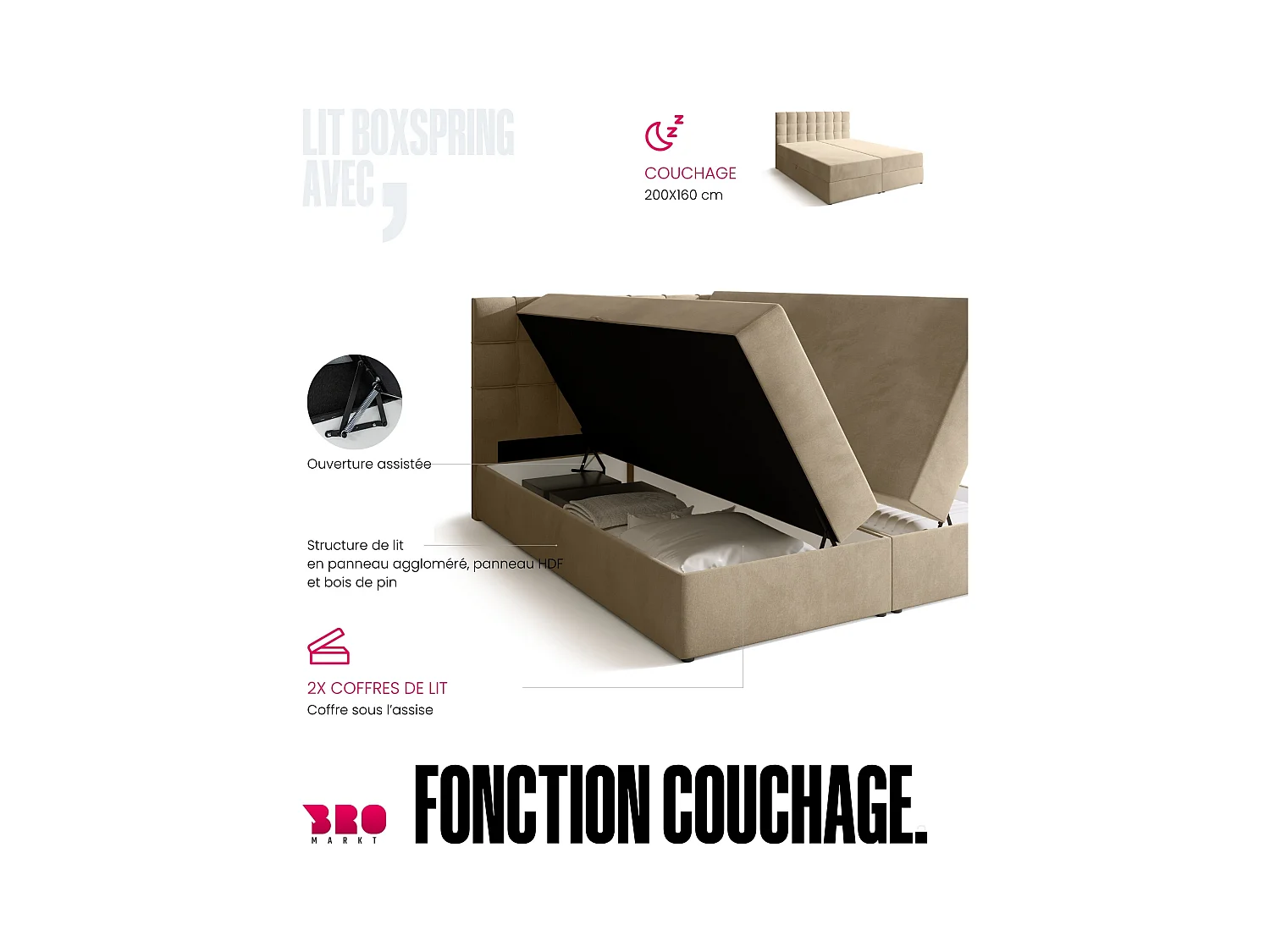 Lit boxspring avec rangement DETROIT - matelas - surmatelas - beige - 160x200 cm